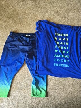 Blue & Green Ombre Athletic Capris with Motivational Blue Tee